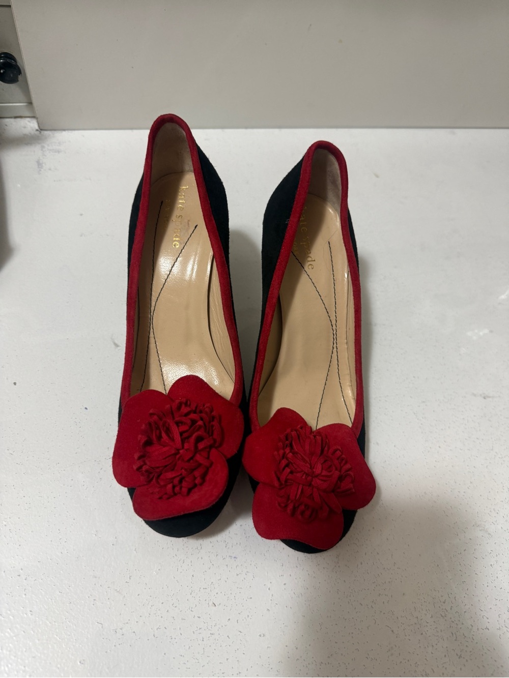 Kate Spade Black Suede Pumps with Red Trim and Floral Accent.Made in Italy - Picture 9 of 15